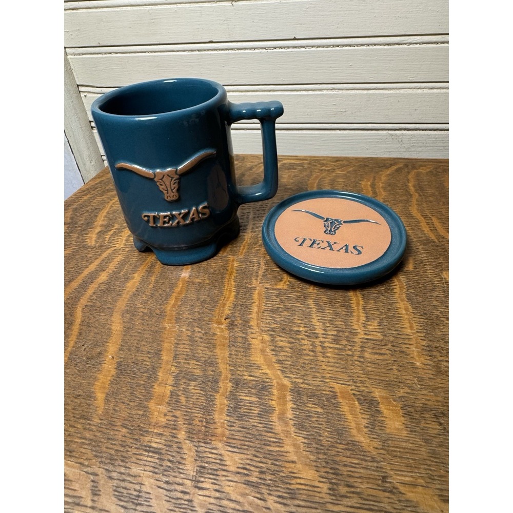 Frankoma Texas Longhorn Mug & Coaster Set Dark Green Western Pottery